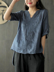 Ramie Loose Embroidered Solid V-Neck Shirt
