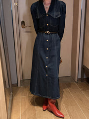 Vintage Buttoned Denim Dress With Belt