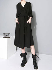 Loose V-neck Lace-up Long Dress