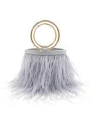 Ostrich Fur Tassel Metal Circle Handbag
