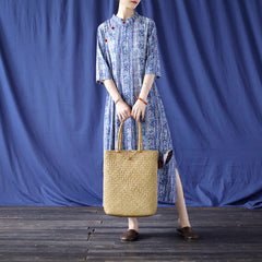 Retro Geometric Printd Stand Collar Cheongsam Midi Dress