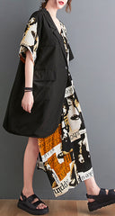 Printed Contrast Color V-Neck Stitching Irregular Dress