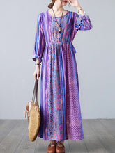 Printed Literary Round Neck Drawstring Maxi Dress