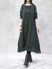 Loose Lace Splicing Solid Midi Dress