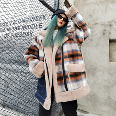Women Plaid Stitching Loose Casual Coat