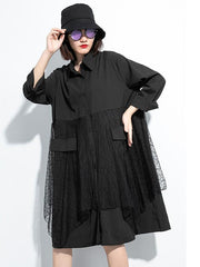 Black Loose Splicing Mesh Shirt Dress