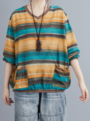 Ramie Cotton Striped V-Neck T-Shirt