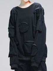 Round Neck Cotton Multi-Pocket Long-Sleeved Sweatshirt