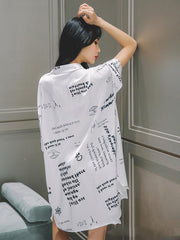 Cropped Lettered Print Loose V-Neck Shirt Pajamas