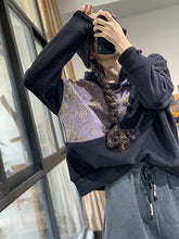 Women Stitching Printed Loose Hooded Plus Fleece Sweater