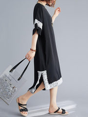 Loose Lace Splicing High-Low V-Neck Dress