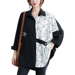 Women Contrast Stitching Loose Bat Sleeve Shirt