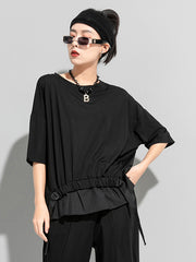 Round Neck Ruffled Bat Short Sleeves T-Shirt Tops