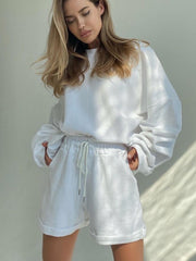 Women Long Sleeve Round Neck Loose Top Shorts Two Piece Set