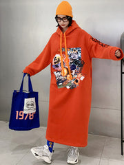 Loose Hooded Letters Printed Maxi Dress