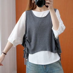 Solid Knitting Vest +Batwing Sleeves T-Shirt