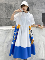 Loose Printed Lapel Short Sleeves Maxi Dress