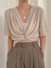 Women Solid Color Temperament V-Neck Slim T-Shirt