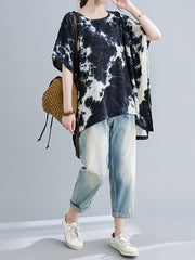Women Tie-Dye Printed Loose Bat Sleeve T-Shirt