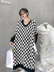 Loose Plaid V-Neck Knitted Midi Dress