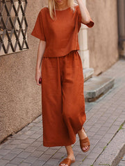 Solid Short Sleeves Loose Two Piece Suit