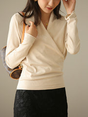 Women V-Neck Solid Color Casual Loose Bottoming Shirt