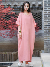 Pink&White Soft Split-joint Ramie Cotton Long Dress