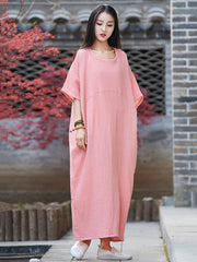 Pink&White Soft Split-joint Ramie Cotton Long Dress