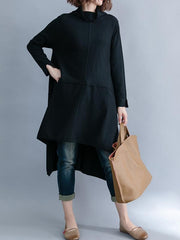 Solid Loose Turtleneck Asymmetric Mid-Length Sweatshirt