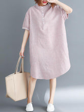 Loose Ramie Cotton Striped Shirt Dress