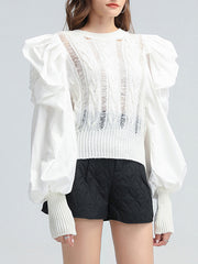 Women Solid Color Hollow Round Neck Stitching Sweater