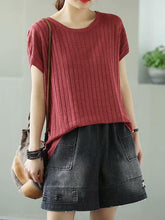Solid Knitting Stripes Round-Neck T-Shirt