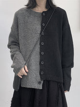 Asymmetric Buttoned Contrast Color Split-Joint Long Sleeves Roomy Round-Neck Cardigan Tops