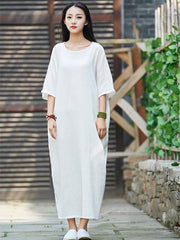 Pink&White Soft Split-joint Ramie Cotton Long Dress