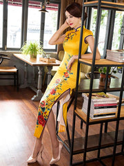 Yellow&Red Side Split Long Cheongsam Dress