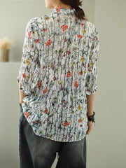 Vintage Printed Splicing Loose Three-Quarter Sleeve Stand Collar Shirt