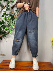 Elastic Waist Solid Color Jeans Pans