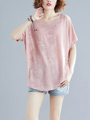 Women Round Neck Printed Loose Fitting T-Shirt