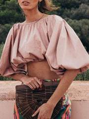 Solid Color Puff Sleeve Backless Short Shirt