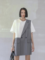 False Two Contrast Color Casual Midi T-Shirt Dress