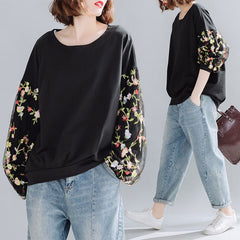 Spliced Mesh Embroidered Loose Sweatshirt