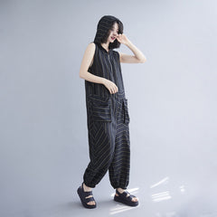 Striped Sleeveless Hooded Vest One Piece Harem Pants