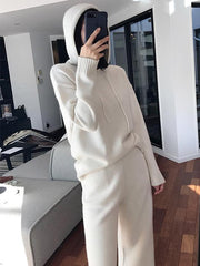 Soft Knitting Spun With-hat Sweater + Wide Leg Pants Suits