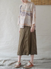 Retro Ink Print Lace-Up Casual Shirt