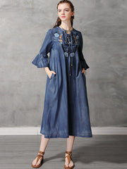 Original Applique Flared Sleeve Denim Dress