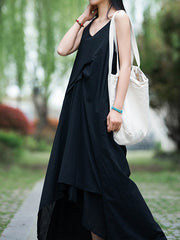 Women Irregular V-Neck Solid Color Suspender Dress