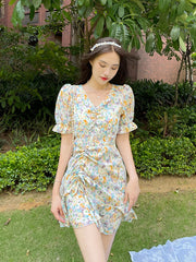 Sweet V-Neck Drawstring Ruffle Floral Mini Dress