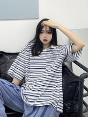 Retro Striped Lapel Loose Casual T-Shirt