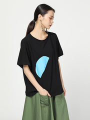 Vintage Blue Semicircle Print Round-Neck T-Shirt