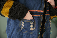 Women Stitching Color Block Plus Fleece Hooded Coat